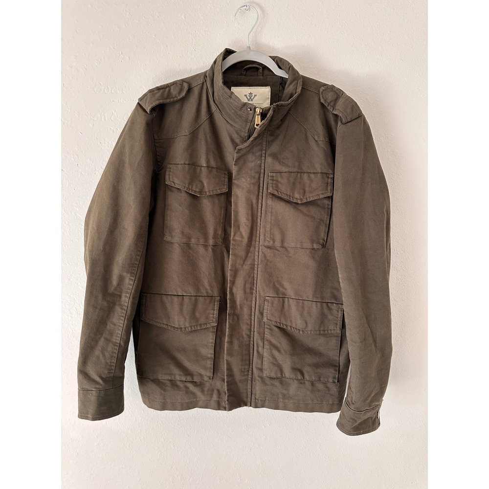 Wenven Mens Military Style Olive Mid-Length Collared Jacket Size M